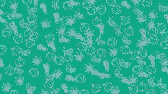 Herbs, spices, onions in pattern on green background. Suitable for kitchen decor, cooking blogs, food packaging, culinary websites.