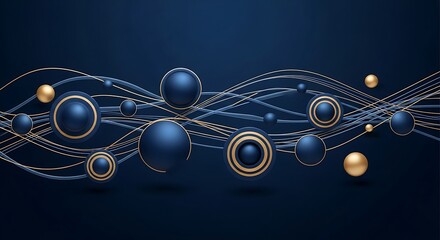 Elegant abstract background with blue and gold spheres on curved lines