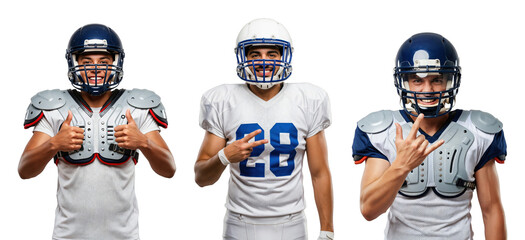 Fototapeta premium Group of Three Male Football Players in Uniforms Celebrating Sports Team Spirit