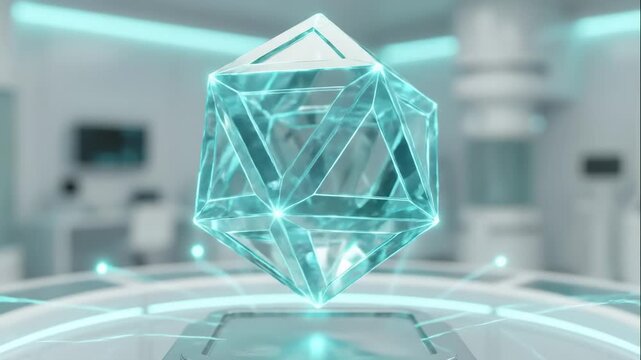 Icosahedron Crystal Rotates Over Platform in a Futuristic Laboratory Setting