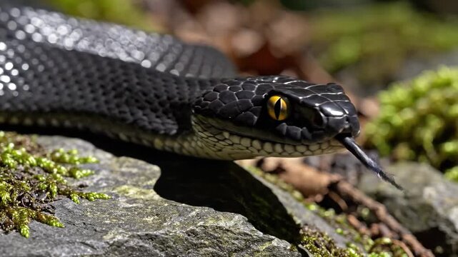 A close-up of a black snake resting on a stone in its natural habitat.