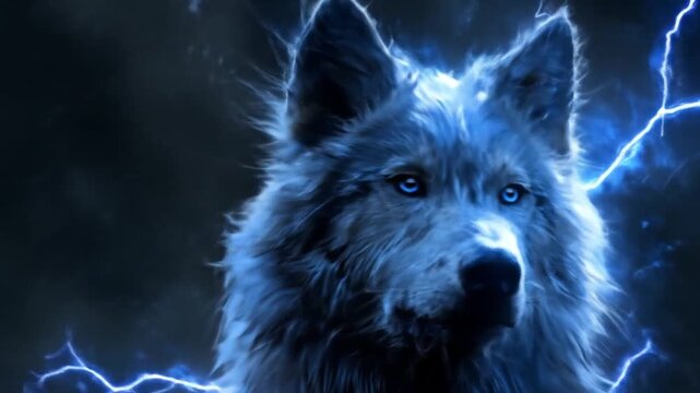 A luminous blue wolf head amid crackling lightning, ink-dark surroundings, ethereal gaze, stormbound