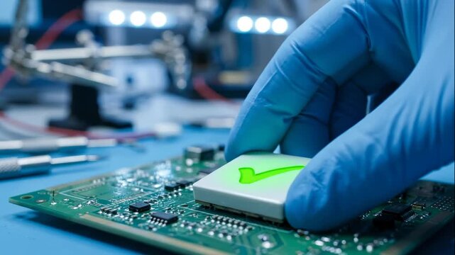 Engineer Installs Microchip With Green Checkmark on Circuit Board