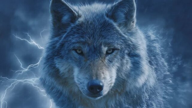 Blue-toned wolf stands in a stormy night, lightning strikes nearby, icy mist curling around vigilant