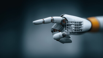 A close-up shot of a futuristic robot arm extends a finger, showcasing advanced technology and innovation.