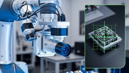 Robotic arm with camera inspecting a microchip, advanced technology concept.
