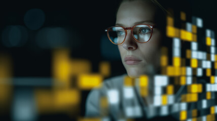 A focused individual working on futuristic technology interface, with illuminated glasses, surrounded by digital data. Capturing the futuristic environment.
