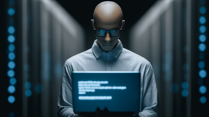 A focused technician works diligently within a high-tech server room, deeply engaged with his laptop, the scene illuminated by the cool glow of data servers.
