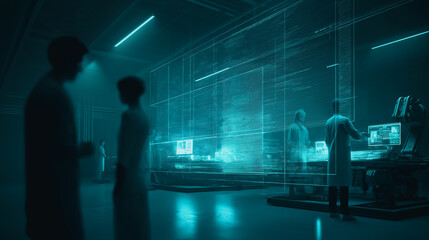 A cutting-edge research laboratory pulsates with a high-tech atmosphere, where figures in lab coats work diligently amidst futuristic displays and illuminated lines of code.