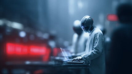 A futuristic cyborg figure is immersed in the technological environment. The scene is immersed in an atmosphere of advanced technology and a sense of a digital world.
