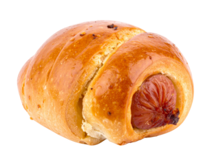 Golden brown baked sausage roll with visible sausage inside.