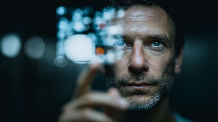 A man of future. he is observing digital interface technology with focused attention, representing innovation and human interaction with tech.