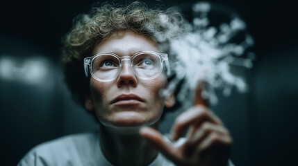 A focused female scientist in a lab coat, engrossed in a scientific concept, as she gestures towards a luminous, three-dimensional representation of a thought or discovery.