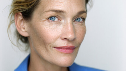 Low-Angle Frontal Close-Up Portrait of Woman 45-55 on Soft Vertical Blue Gradient, Realistic Skin Detail, Minimal Beauty Style