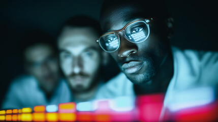 A focused group of professionals collaborating on a tech project at night. Their faces reflect the glow of the screens, with a sense of innovation and determination.