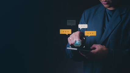 Creative interaction with AI chatbots, behavioral learning, and intelligent automation AI assistant technology concepts presented by business professionals