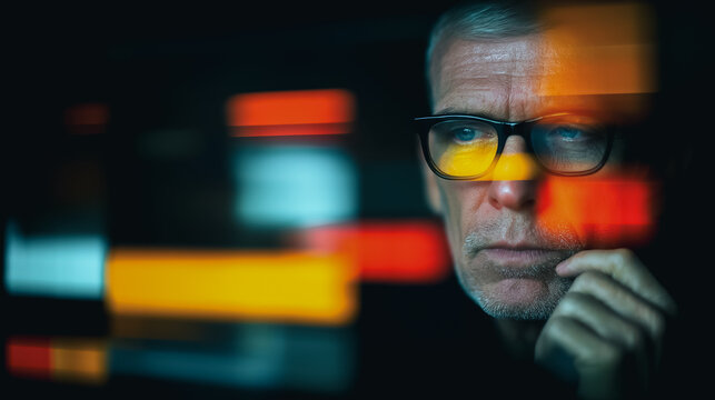 An thoughtful senior man with glasses, immersed in contemplation. The scene is illuminated by abstract streaks of colorful lights.  - Powered by Adobe