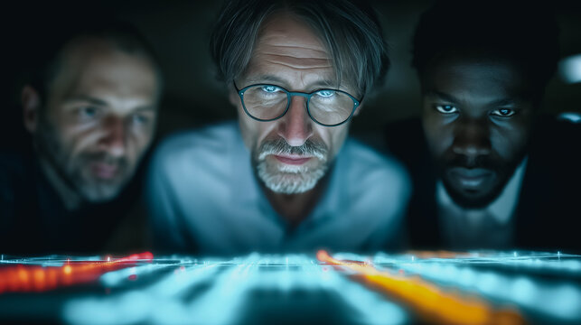 A team of focused professionals gathers intently, illuminated by the glow of a control panel, fostering a sense of collaboration and expertise.