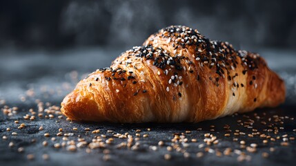 Golden Croissant Topped with Sesame Seeds on a Dark Surface.