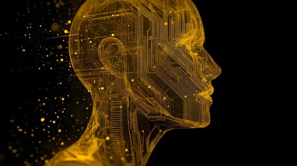 Golden Digital Human Head with Circuitry and Particles.