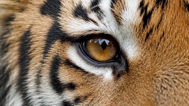 Close-up of a tiger's eye showcasing its fierce and beautiful features.