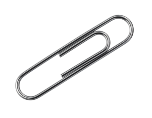 A single silver metal paperclip isolated on a white background.
