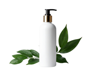 White Pump Bottle with Green Leaves and Gold Accent.