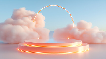 Futuristic glowing platform with arc, floating in soft clouds under an ambient sky. Minimalist and surreal scene ideal for conceptual design, product display, or presentation backdrop.