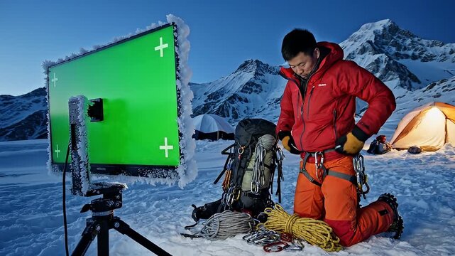 Climber Preparing for Ascent in Snowy Mountains.