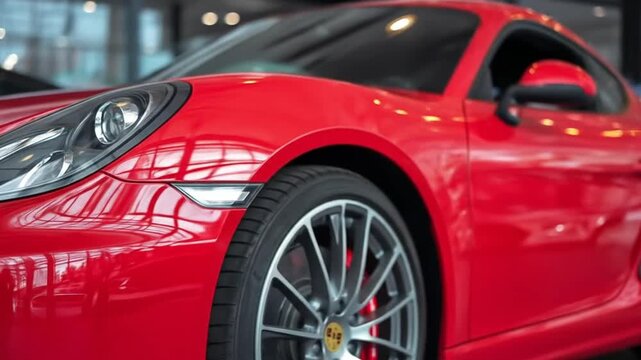 Close-up of a glossy red sports car curved hood, bright headlamp, and a multi-spoke wheel on chrome