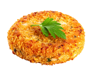 Golden Brown Crispy Fish Cake Garnished with Fresh Parsley Leaf.