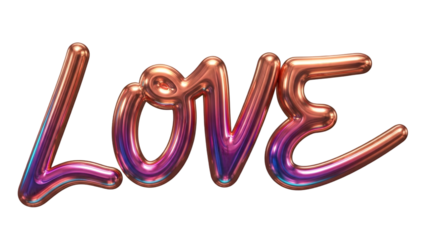A shiny rose gold balloon in the shape of the word love on a transparent background isolated on transparent background