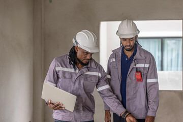 Two Black construction workers in safety helmets review plans on a laptop at a brick building site, highlighting teamwork, technology and workplace diversity in the construction industry. Team work