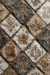 Vintage faded crackled harlequin pattern with subtle antique Tarot card designs in diamonds in white and light gold, aged decorative background with mystical and elegant atmosphere.