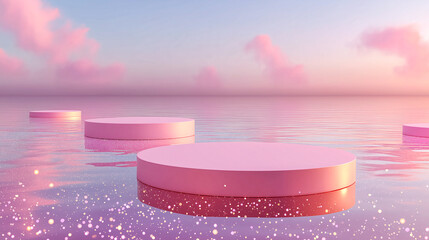 Surreal pink floating platforms on calm water under a dreamy sunset sky. Magical atmosphere ideal for conceptual design, wellness branding, or digital art backdrops.