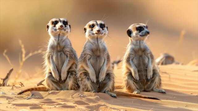 Three meerkats stand upright on sandy ground, bathed in warm sunlight, alert and curious