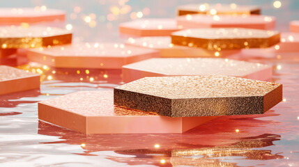 Abstract hexagonal platforms with glittery pink-gold texture floating on a reflective liquid surface, dreamy lighting, and bokeh effects. Ideal for luxury, tech, or creative design concepts.