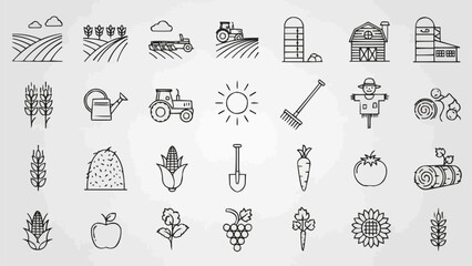 Collection of agricultural icons and symbols representing farming and harvest.