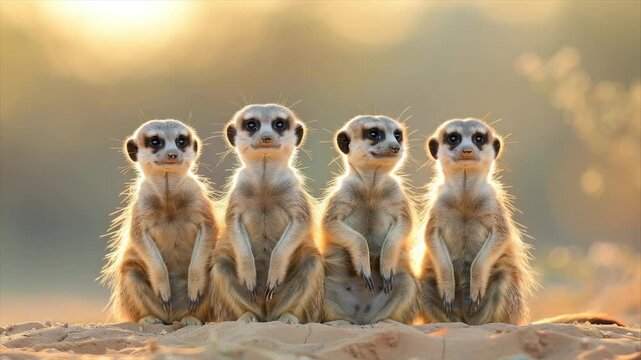 Four meerkats sit upright, backlit by warm sunlight, looking directly at the viewer