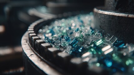 Close up view shows small colorful plastic granules collected in an industrial machinery component