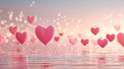 Romantic pastel scene with floating pink heart shapes on water, soft bokeh lights, and dreamy reflections. Perfect for love-themed campaigns, Valentine&rsquo;s Day, or emotional branding visuals.