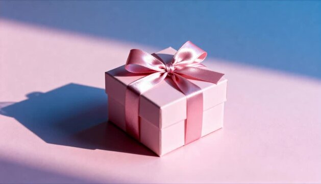 minimal gift box wrapped in satin ribbon on pastel surface with soft shadow perfect for valentine's day