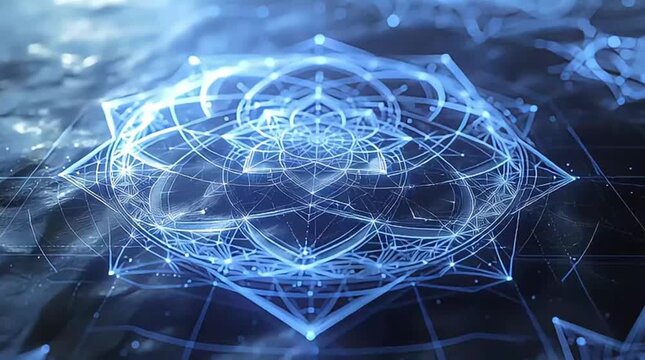 An intricate abstract design of glowing blue light lines forming a complex geometric mandala pattern against a dark, futuristic background, symbolizing connection and technology.
