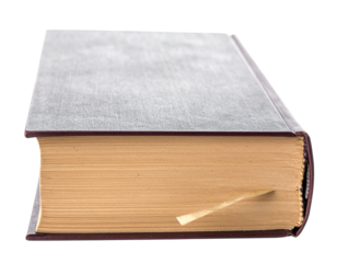 Thick Hardcover Book with Yellowed Pages and Bookmark.