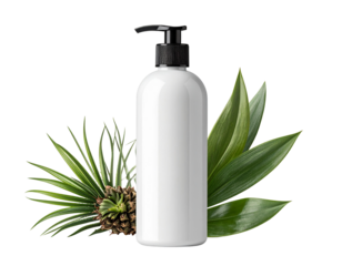 White Pump Bottle with Aloe Vera Leaves and Pine Cone.