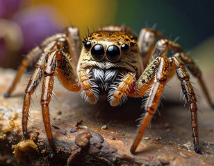 Macro shot of a detailed, colorful spider, close up on a textured surface