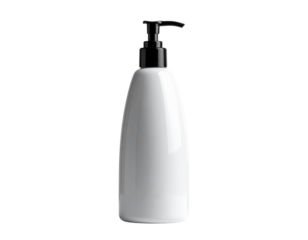 White Soap Dispenser with Black Pump Isolated on White Background.