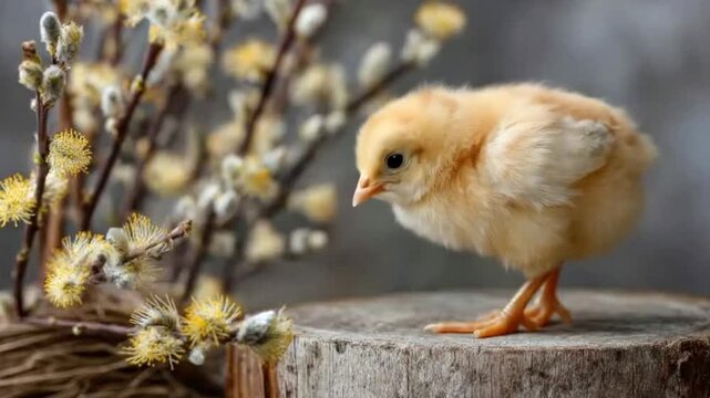 A charming, fluffy yellow chick stands delicately on a rustic wooden stump, surrounded by blossoming pussy willow branches with their distinctive soft catkins and bright yellow pollen. The adorable yo