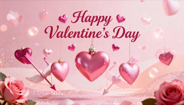 festive valentine banner animation with stylish happy valentine&rsquo;s day text and love ornaments in pink tones perfect for valentine's day