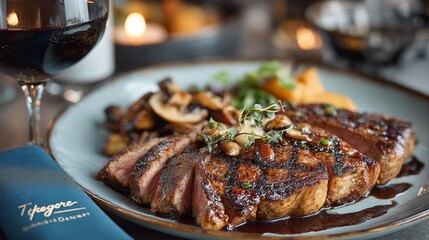 Grilled steak sliced on plate with mushrooms, salad, and red wine glass on gray background with blue napkin, luxurious dining and sophisticated gourmet presentation.
